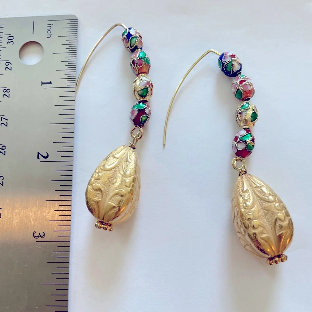 HAND CRAFTED Pierced Earrings Cloisonnés Gold Statement Drops Marquis Ear Wires